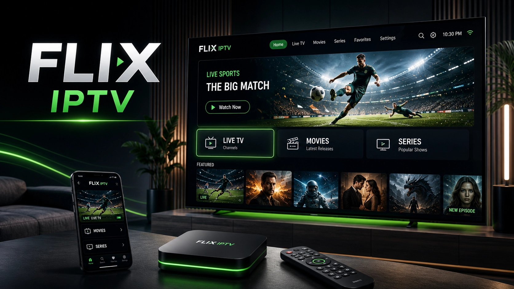 Flix IPTV auf Smart TV im Wohnzimmer – Live-TV Player Oberfläche mit Senderliste
